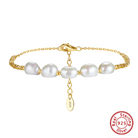 925 Sterling Silver Square & Natural Pearl Beaded Bracelets, with S925 Stamp