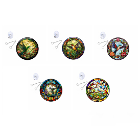 Flat Round with Bird Stained Acrylic Window Planel, for Suncatchers Window Home Hanging Ornaments