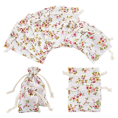 24Pcs 2 Styles Burlap Packing Pouches, Drawstring Bags, Rectangle with Flower Pattern