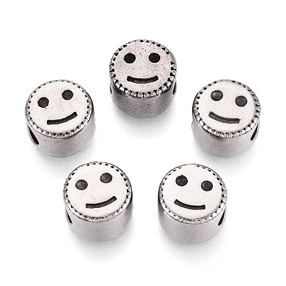 304 бусины европейского стиля из нержавеющей стали с крупными отверстиями, плоские круглые с улыбающееся лицо