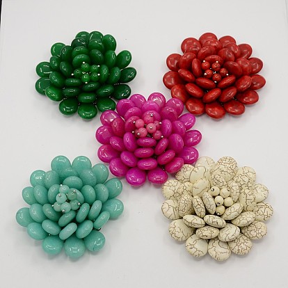 Dyed Gemstone Cabochons, with Platinum Color Metal Findings, Flower, 66x24mm