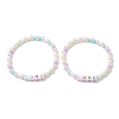 Bracelets extensibles en argile polymère et perles en plastique, Bracelets en acrylique avec mot amour pour femmes