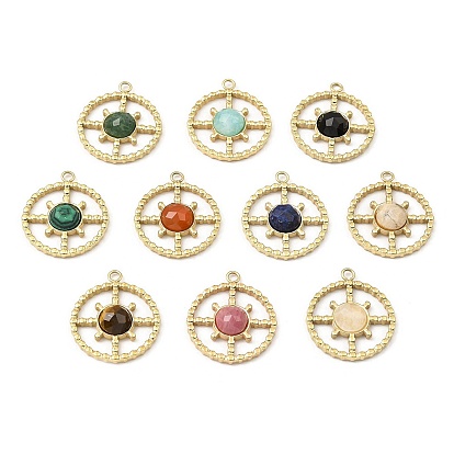 Natural Gemstone Facete Sun Pendants, Ion Plating(IP) 316 Stainless Steel Flat Round Charms, Real 24K Gold Plated