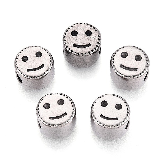 304 бусины европейского стиля из нержавеющей стали с крупными отверстиями, плоские круглые с улыбающееся лицо