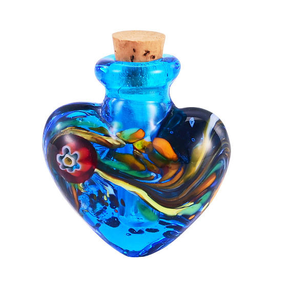 Handmade Lampwork Perfume Bottle Pendants, Heart Charms, with Cork