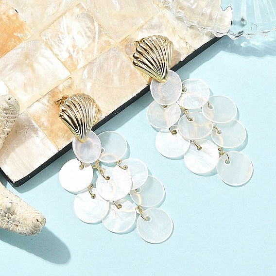 201/304 Stainless Steel & Capiz Shell Stud Earrings, Shell Shape, Brass Dangle Earrings, Golden