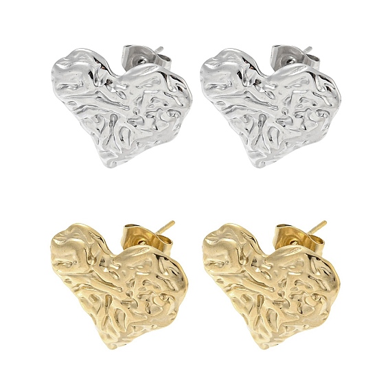 304 Stainless Steel Stud Earrings, Textured Heart