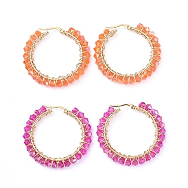 304 Stainless Steel Hoop Earrings, Beaded Hoop Earrings, with Glass Beads, Ring, Golden
