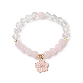 Natural Rose Quartz & Quartz Crystal Beaded Stretch Bracelet, Alloy Enamel Flower Charms Adjustable Bracelet for Women