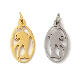 Vacuum Plating 201 Stainless Steel Pendants, with Jump Rings, Laser Cut, Oval with Dolphin Charm