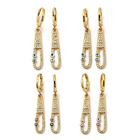Real 18K Gold Plated Brass Dangle Leverback Earrings, with Enamel and Cubic Zirconia, Evil Eye