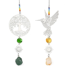 201 Ловец солнца в виде птицы/древа жизни из нержавеющей стали, Декоративное украшение для окна: радужные стеклянные бусины в виде чакр, натуральный цитрин и зеленый авантюрин.