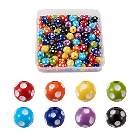 200Pcs 2 Styles Opaque Resin Beads, Round with Polka Dot Pattern