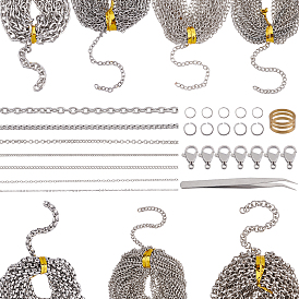 SUPERFINDINGS DIY Chain Necklace and Finger Ring Making Kit, Including 304 Stainless & Iron Cable & Box & Curb & Rolo Chains, Brass Rings, Tweezers