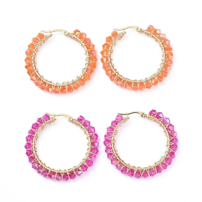304 Stainless Steel Hoop Earrings, Beaded Hoop Earrings, with Glass Beads, Ring, Golden