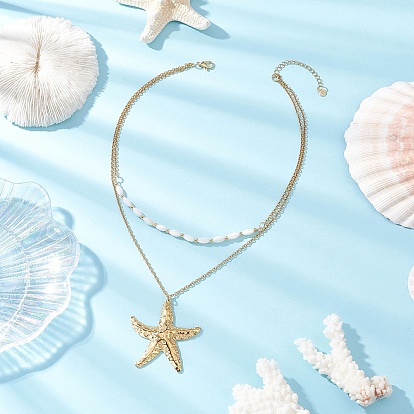 304 подвеска из нержавеющей стали в виде морской звезды, двухслойное ожерелье из натуральных ракушек и рисовых бусин для женщин, белые