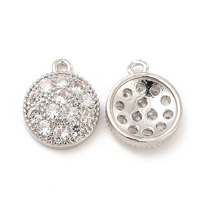 Brass Micro Pave Cubic Zirconia Charms, Flat Round Charms, Cadmium Free & Nickel Free & Lead Free, Platinum