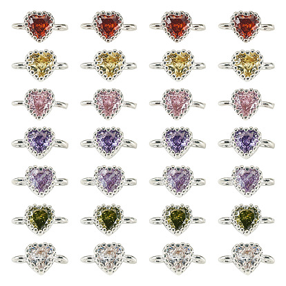 28шт. 7 цвета латунь паве кубический цирконий звенья сердце соединительные подвески, долговечный, стойки покрытие, серебряный цвет гальваническим, без кадмия, без никеля и без свинца