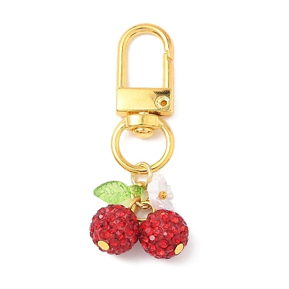 5pcs décorations pendentif cerise en argile polymère strass, avec breloques en acrylique transparent et fermoirs pivotants en alliage, or