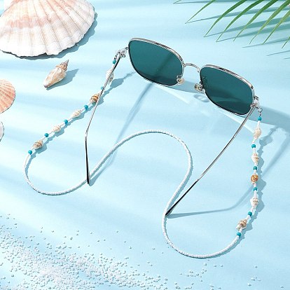 Цепочки для очков из стеклянных бусин, с натуральными бусинами из морских ракушек и резиновыми петлями на концах