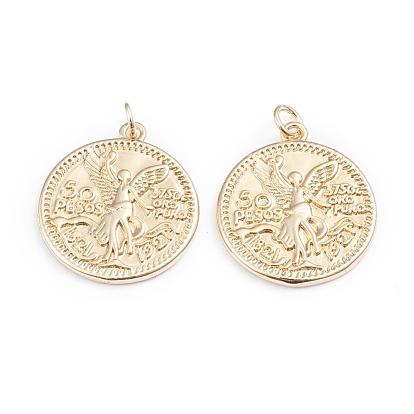 Brass Coin Pendants, with Jump Rings, Cadmium Free & Lead Free, Long-Lasting Plated, Flat Round & Angel & Word