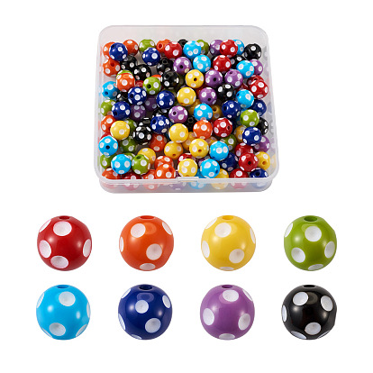 200Pcs 2 Styles Opaque Resin Beads, Round with Polka Dot Pattern