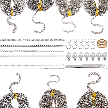 Kit para hacer collares de cadena y anillos de dedo, incluyendo 304 acero inoxidable y cable de hierro y cadenas y cadenas de bordillo y rolo, anillos de latón, pinzas