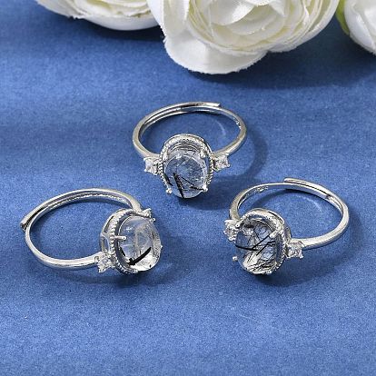 Brass Micro Pave Cubic Zirconia Finger Rings, Oval, with Natural Tourmalinated Quartz, Platinum