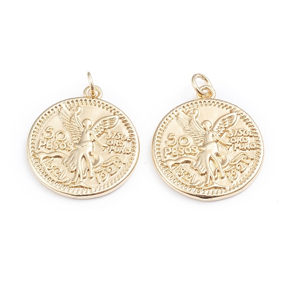 Brass Coin Pendants, with Jump Rings, Cadmium Free & Lead Free, Long-Lasting Plated, Flat Round & Angel & Word