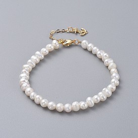 Natural Pearl Beaded Bracelets, with Brass Charms, Cable Chains and Lobster Claw Clasps, with Cardboard Packing Box, Anchor