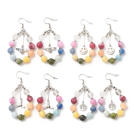 Natural Mixed Gemstone Braided Teardrop Dangle Earrings with Charms, 304 Stainless Steel Wire Wrap Big Drop Earrings for Women