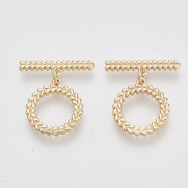 Brass Toggle Clasps, Real 18K Gold Plated, Round Ring with Leaf Pattern, Nickel Free