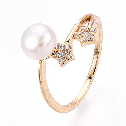 Stars Natural Pearl Finger Ring with Cubic Zirconia, Brass Finger Rings