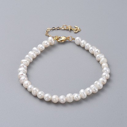 Natural Pearl Beaded Bracelets, with Brass Charms, Cable Chains and Lobster Claw Clasps, with Cardboard Packing Box, Anchor
