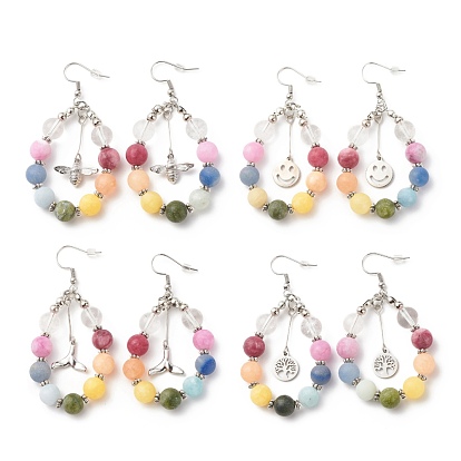 Natural Mixed Gemstone Braided Teardrop Dangle Earrings with Charms, 304 Stainless Steel Wire Wrap Big Drop Earrings for Women