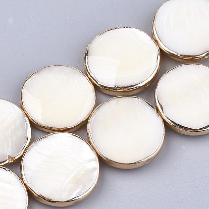 Freshwater Shell Multi-strand Links Strands, 4-Hole, Flat Round, Light Gold Plated Edge