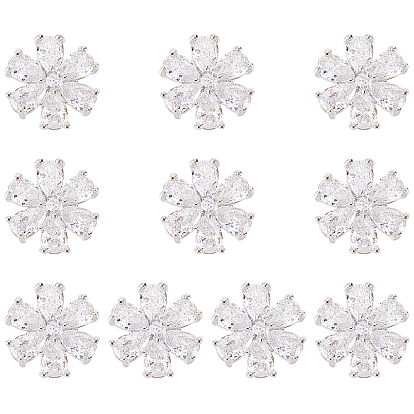 Brass Micro Pave Clear Cubic Zirconia Shank Buttons, 1-Hole, Flower