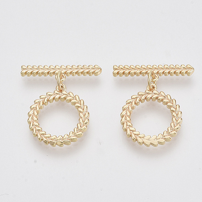 Laiton fermoirs toggle, réel 18 k plaqué or, bague ronde avec motif de feuilles, sans nickel