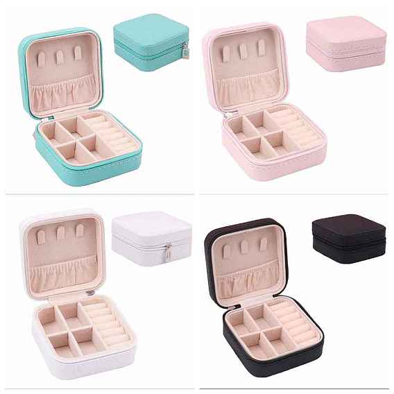Square PU Leather Jewelry Set Box, Travel Portable Jewelry Case, Zipper Storage Boxes, for Necklaces, Rings, Earrings and Pendants