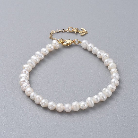 Natural Pearl Beaded Bracelets, with Brass Charms, Cable Chains and Lobster Claw Clasps, with Cardboard Packing Box, Anchor