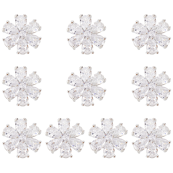 Brass Micro Pave Clear Cubic Zirconia Shank Buttons, 1-Hole, Flower