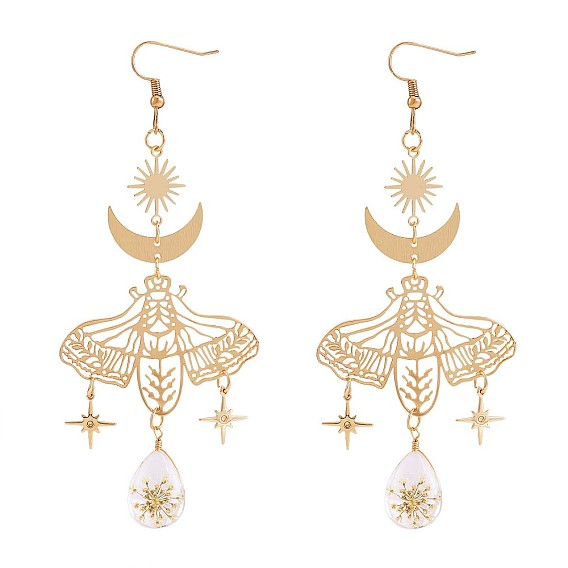 Alloy Moth with Flower Specimen Drop Dangle Earrings, Moon Sun Star Long Drop Earrings for Women