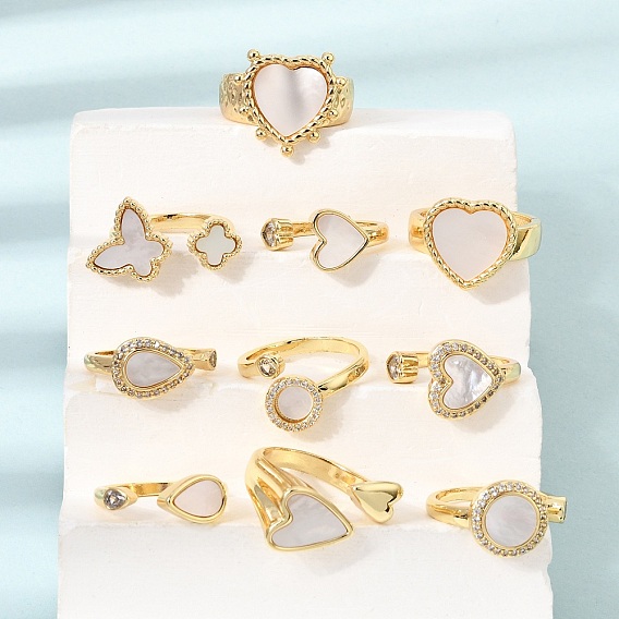 Brass Micro Pave Cubic Zirconia Open Cuff Rings, with Shell, Real 16K Gold Plated