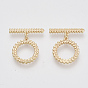 Brass Toggle Clasps, Real 18K Gold Plated, Round Ring with Leaf Pattern, Nickel Free