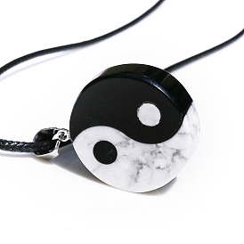 Natural Howlite & Obsidian Pendants, Flat Round Yin Yang Charms, with Platinum Plated Alloy Findings