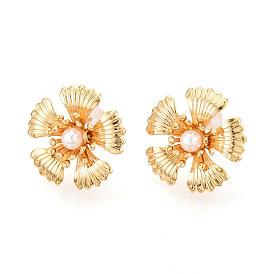 Серьги-гвоздики из искусственного жемчуга из латуни и АБС-пластика, цветок, без никеля 