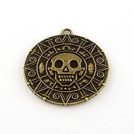 Flat Round with Skull Tibetan Style Alloy Pendants, Cadmium Free & Lead Free, 42.5x39x3mm, Hole: 3mm, about 85pcs/1000g