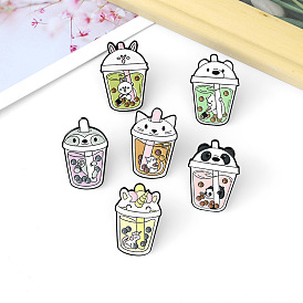 Cute Animal Milk Tea Cup Metal Brooch with Pearl Bubble Tea Clothing Bag Decoration