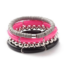 Synthetic Hematite & Polymer Clay Heishi Beads Stretch Bracelets Set, Chunky Curved Tube Beads Stackable Bracelets for Women