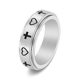 Heart & Cross Titanium Steel Rotating Finger Ring, Fidget Spinner Ring for Calming Worry Meditation
